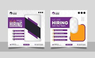 Job vacancy post banner template set. Business we are hiring employee social media simple minimal square flyer design. vector