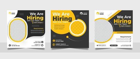 estamos contratando una plantilla de banner de vacante de puesto de trabajo en redes sociales con color amarillo negro. diseño de volante cuadrado de reclutamiento de empleados corporativos. vector