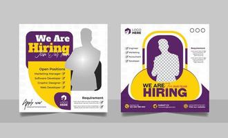 Hiring post banner template set. Business job vacancy employee social media simple minimal square flyer design. vector