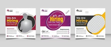 Hiring job vacancy post banner template set. Business we are hiring employee square flyer design. vector