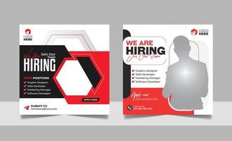estamos contratando una plantilla de banner de vacante de empleo en redes sociales con color rojo negro. diseño de volante cuadrado de reclutamiento de empleados corporativos. vector