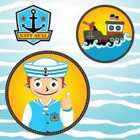 Young boy in sailor uniform with gunboat and navy seal logo, vector cartoon illustration