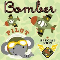 Cute elephant wearing flying goggles with fighter jet, military elements on camouflage background, vector cartoon illustration