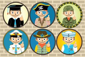 set of young boy in different costume on bricks background, vector graphics