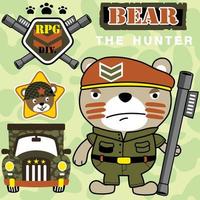 oso gracioso con uniforme militar que sostiene armas pesadas, equipo militar con fondo de camuflaje, ilustración de dibujos animados vectoriales vector