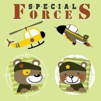 lindo oso en uniforme militar con aviones militares, ilustración de dibujos animados vectoriales vector