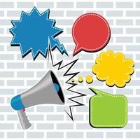 megaphone with call out shapes on a bricks background, vector graphics illustration