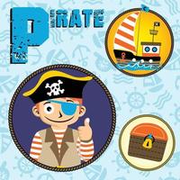 young boy in pirate costume with sailboat and treasure on pirate elements backgrounds, vector cartoon illustration