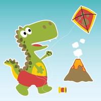 Cute dinosaur playing kite, vector cartoon illustration