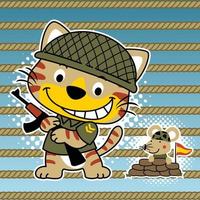 Funny cat and mouse in soldiers uniform with gun, vector cartoon illustration