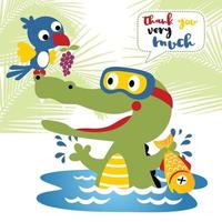 funny crocodile wearing diving goggles catching fish, little bird carrying grape, vector cartoon illustration