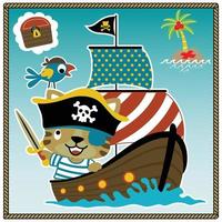 Little cat with parrot in pirate costume on sailboat, pirate elements, vector cartoon illustration