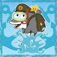 Cute dolphin in military costume with starfish on anchor backgrounds, vector cartoon illustration
