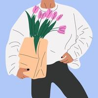 Bouquet hand holding tulips. March 8 Valentine's Day vector