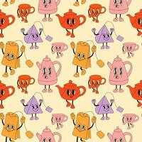 Seamless Pattern with Tea set mascots in retro cartoon style illustration, vintage character vector art collection