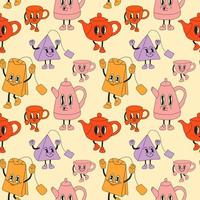 Seamless Pattern with Tea set mascots in retro cartoon style illustration, vintage character vector art collection