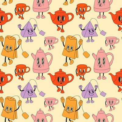 Seamless Pattern with Tea set mascots in retro cartoon style illustration, vintage character vector art collection