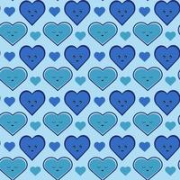 Seamless pattern with blue hearts different emotions and design. Vector retro texture. Fabric pattern.