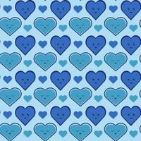 Seamless pattern with blue hearts different emotions and design. Vector retro texture. Fabric pattern.