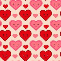 Seamless pattern with pink and red hearts different emotions and design. Smiling heart. Vector retro texture.