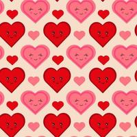 Seamless pattern with pink and red hearts different emotions and design. Smiling heart. Vector retro texture.