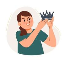 A woman admires her crown. The concept of a business idea, startup, organization, brainstorming. Vector illustration isolated on a white background