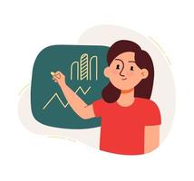 A woman draws graphs and diagrams. The concept of a business idea, startup, organization, brainstorming. Vector illustration isolated on a white background