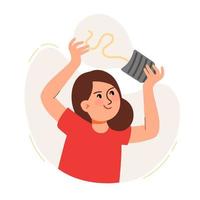 una mujer sostiene una bombilla en sus manos. el concepto de una idea de negocio, puesta en marcha, organización, lluvia de ideas. ilustración vectorial aislada en un fondo blanco vector