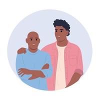 día internacional del cáncer infantil. 15 de febrero. amigo hombre afroamericano abraza a un niño con cáncer. concepto de atención médica. vector