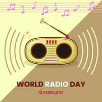 icono de radio marrón con símbolo de música para la plantilla de diseño del día mundial de la radio. concepto simple, vintage y plano. amarillo, marrón y blanco. utilizado para icono, símbolo, signo o tarjeta de felicitación vector