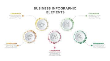 Línea de tiempo con 5 pasos, opciones e íconos de marketing. Infografía lineal vectorial con cuatro elementos conectados en círculo. para contenido, diagrama, diagrama de flujo, pasos, partes, infografías de línea de tiempo, flujo de trabajo, gráfico. vector