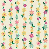 Floral seamless pattern with colourful flowers and green leaves on a yellow background. Branches and blossoms. Vector illustration in flat cartoon style.
