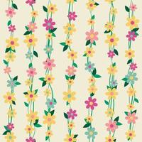 Floral seamless pattern with colourful flowers and green leaves on a yellow background. Branches and blossoms. Vector illustration in flat cartoon style.