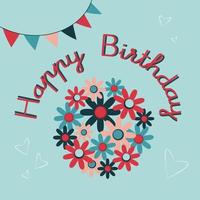 Happy birthday card with flowers and hearts on blue background. Vector illustration.