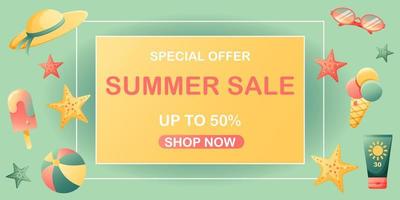 SUMMER sale with beach or summer items, starfish, sunhat sunglasses, ice creams and etc. on green background Special offer, sale banner, poster. Vector illustration in flat cartoon style.