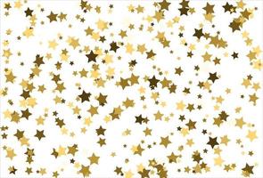 Random falling gold stars on white background. Glitter pattern for banner, greeting card, Christmas and New Year card, invitation, postcard, paper packaging vector