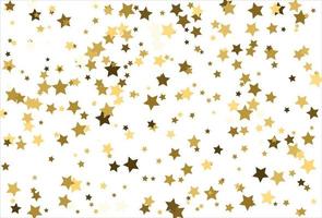 Random falling gold stars on white background. Glitter pattern for banner, greeting card, Christmas and New Year card, invitation, postcard, paper packaging vector