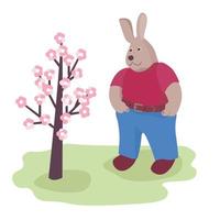 A cute rabbit stands in the garden near a flowering tree. Vector illustration isolated on white background.