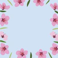 Background of blooming pink flowers and green leaves. Vector illustration.