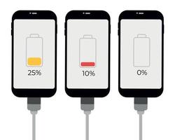 Set of smartphones with battery level indicator and USB connection. Vector infographic.