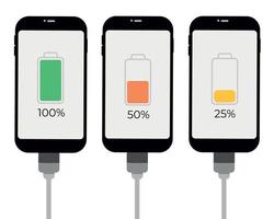 Set of smartphones with battery level indicator and USB connection. Vector infographic.