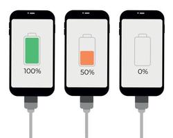 Set of smartphones with battery level indicator and USB connection. Vector infographic.