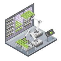 vertical agricultura inteligente planta fábrica vertical vegetal interior agricultura concepto uso ai autometic robot y tecnología iot isométrica ilustración aislada vector de dibujos animados