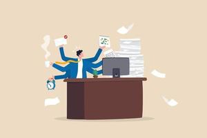 Workaholic, busy businessman multitasking or tired and exhausted from overworked, overload job, lot of paper works concept, workaholic businessman working hard on his office desk with paper works. vector