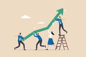 Team growth, teamwork to help improve working and achieve success, work together or cooperate to increase efficiency concept, business people help pushing green graph and chart arrow rising up. vector