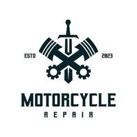 Pistón de motor cruzado de inspiración con álabes. etiqueta de servicio de reparación de motos vintage vector