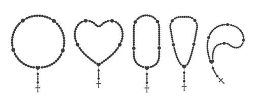 Rosary beads silhouettes set. Prayer heart shaped jewelry for meditation. Catholic chaplet with a cross. Religion symbol. Vector illustration.
