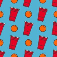 Beer pong seamless pattern. Red plastic cups on blue background. Famous american party drinking game. Vector background