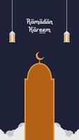 ramadan kareem vertical template greeting card on dark blue background with islamic lanterns and mosque dome shape with crescent moon vector