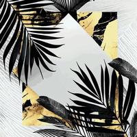 Golden palm leaves on white and black marble background, template, postcard - Vector